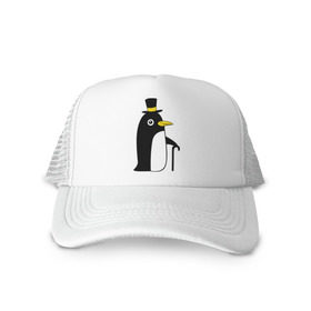 Кепка тракер с сеткой с принтом Пингвин в шляпе в Петрозаводске, трикотажное полотно; задняя часть — сетка | длинный козырек, универсальный размер, пластиковая застежка | животные | лед | пингвин в шляпе | трость.снег | шляпа