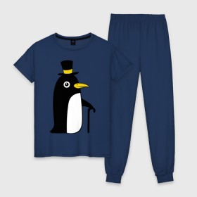 Женская пижама хлопок с принтом Пингвин в шляпе в Петрозаводске, 100% хлопок | брюки и футболка прямого кроя, без карманов, на брюках мягкая резинка на поясе и по низу штанин | животные | лед | пингвин в шляпе | трость.снег | шляпа