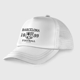 Детская кепка тракер с принтом Barcelona 1899 в Петрозаводске, Козырек - 100% хлопок. Кепка - 100% полиэстер, Задняя часть - сетка | универсальный размер, пластиковая застёжка | barcelona | fc | fc barcelona | footbal club | барселона | лого | логотип | спорт | футбол | футбольный клуб