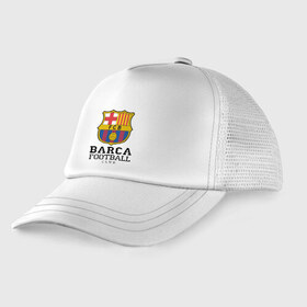 Детская кепка тракер с принтом Barcelona FC в Петрозаводске, Козырек - 100% хлопок. Кепка - 100% полиэстер, Задняя часть - сетка | универсальный размер, пластиковая застёжка | barcelona | fc | fc barcelona | footbal club | барселона | лого | логотип | спорт | футбол | футбольный клуб
