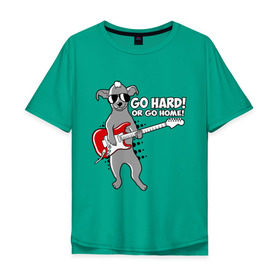 Мужская футболка хлопок Oversize с принтом Собака с гитарой (Go hard or go home) в Петрозаводске, 100% хлопок | свободный крой, круглый ворот, “спинка” длиннее передней части | гитара