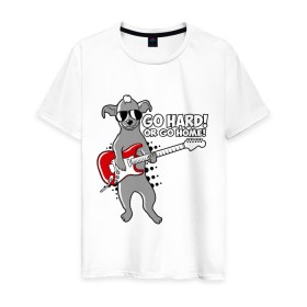 Мужская футболка хлопок с принтом Собака с гитарой (Go hard or go home) в Петрозаводске, 100% хлопок | прямой крой, круглый вырез горловины, длина до линии бедер, слегка спущенное плечо. | гитара