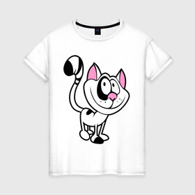 Женская футболка хлопок с принтом Кот в Петрозаводске, 100% хлопок | прямой крой, круглый вырез горловины, длина до линии бедер, слегка спущенное плечо | веселый | довольный | кот | кошка | пятнистый