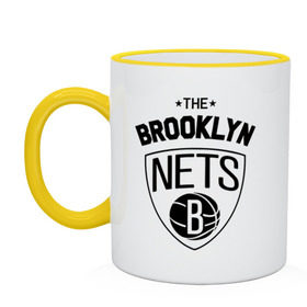 Кружка двухцветная с принтом The Brooklyn Nets в Петрозаводске, керамика | объем — 330 мл, диаметр — 80 мм. Цветная ручка и кайма сверху, в некоторых цветах — вся внутренняя часть | Тематика изображения на принте: бруклин