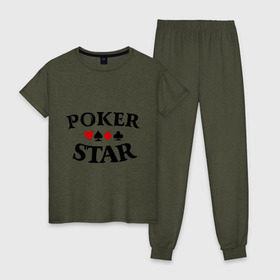 Женская пижама хлопок с принтом Poker Stars в Петрозаводске, 100% хлопок | брюки и футболка прямого кроя, без карманов, на брюках мягкая резинка на поясе и по низу штанин | poker | stars | пики | покер | старс
