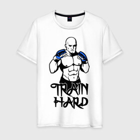 Мужская футболка хлопок с принтом Train hard (тренируйся усердно) в Петрозаводске, 100% хлопок | прямой крой, круглый вырез горловины, длина до линии бедер, слегка спущенное плечо. | Тематика изображения на принте: 