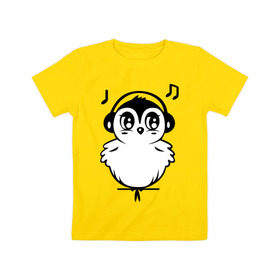 Детская футболка хлопок с принтом Птичка в наушниках в Петрозаводске, 100% хлопок | круглый вырез горловины, полуприлегающий силуэт, длина до линии бедер | воробей | мелодия | меломан | музыка | наушники | ноты | птица | птичка