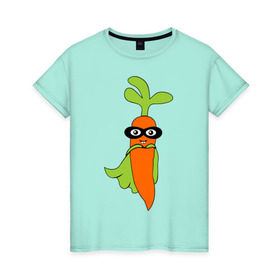Женская футболка хлопок с принтом Супер-морковь в Петрозаводске, 100% хлопок | прямой крой, круглый вырез горловины, длина до линии бедер, слегка спущенное плечо | супергерой