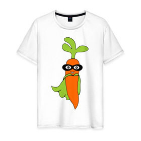 Мужская футболка хлопок с принтом Супер-морковь в Петрозаводске, 100% хлопок | прямой крой, круглый вырез горловины, длина до линии бедер, слегка спущенное плечо. | супергерой
