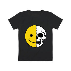 Детская футболка хлопок с принтом Смайлик-черепок в Петрозаводске, 100% хлопок | круглый вырез горловины, полуприлегающий силуэт, длина до линии бедер | Тематика изображения на принте: скелет