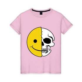 Женская футболка хлопок с принтом Смайлик-черепок в Петрозаводске, 100% хлопок | прямой крой, круглый вырез горловины, длина до линии бедер, слегка спущенное плечо | скелет