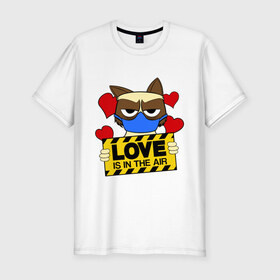 Мужская футболка премиум с принтом Любовь в воздухе в Петрозаводске, 92% хлопок, 8% лайкра | приталенный силуэт, круглый вырез ворота, длина до линии бедра, короткий рукав | Тематика изображения на принте: air | cat | grumpy | love | воздух | кот | любовь | недовольный | повязка | респиратор | хмурый