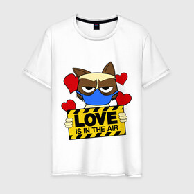 Мужская футболка хлопок с принтом Любовь в воздухе в Петрозаводске, 100% хлопок | прямой крой, круглый вырез горловины, длина до линии бедер, слегка спущенное плечо. | air | cat | grumpy | love | воздух | кот | любовь | недовольный | повязка | респиратор | хмурый
