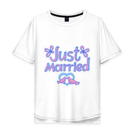 Мужская футболка хлопок Oversize с принтом Just married blue в Петрозаводске, 100% хлопок | свободный крой, круглый ворот, “спинка” длиннее передней части | just married | брак | голубки | жених | кольца | молодожены | невеста | свадьба | супруги