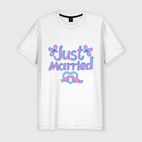 Мужская футболка премиум с принтом Just married blue в Петрозаводске, 92% хлопок, 8% лайкра | приталенный силуэт, круглый вырез ворота, длина до линии бедра, короткий рукав | just married | брак | голубки | жених | кольца | молодожены | невеста | свадьба | супруги