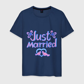 Мужская футболка хлопок с принтом Just married blue в Петрозаводске, 100% хлопок | прямой крой, круглый вырез горловины, длина до линии бедер, слегка спущенное плечо. | just married | брак | голубки | жених | кольца | молодожены | невеста | свадьба | супруги