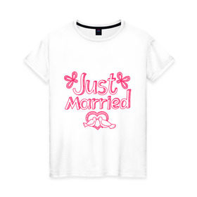 Женская футболка хлопок с принтом Just married pink в Петрозаводске, 100% хлопок | прямой крой, круглый вырез горловины, длина до линии бедер, слегка спущенное плечо | just married | брак | голубки | жених | кольца | молодожены | невеста | свадьба | супруги