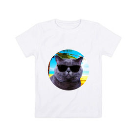 Детская футболка хлопок с принтом Котэ на пляже в Петрозаводске, 100% хлопок | круглый вырез горловины, полуприлегающий силуэт, длина до линии бедер | кот | котэ | лето | мем | очки | пальма | пляж | солнце