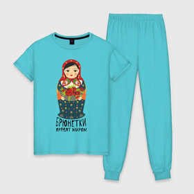 Женская пижама хлопок с принтом Брюнетки правят миром в Петрозаводске, 100% хлопок | брюки и футболка прямого кроя, без карманов, на брюках мягкая резинка на поясе и по низу штанин | русь