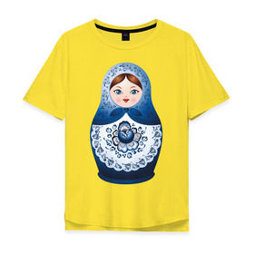 Мужская футболка хлопок Oversize с принтом Матрешка Гжель в Петрозаводске, 100% хлопок | свободный крой, круглый ворот, “спинка” длиннее передней части | русь