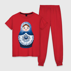 Женская пижама хлопок с принтом Матрешка Гжель в Петрозаводске, 100% хлопок | брюки и футболка прямого кроя, без карманов, на брюках мягкая резинка на поясе и по низу штанин | русь