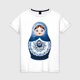 Женская футболка хлопок с принтом Матрешка Гжель в Петрозаводске, 100% хлопок | прямой крой, круглый вырез горловины, длина до линии бедер, слегка спущенное плечо | Тематика изображения на принте: русь