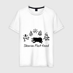 Мужская футболка хлопок с принтом Siberian Fast food в Петрозаводске, 100% хлопок | прямой крой, круглый вырез горловины, длина до линии бедер, слегка спущенное плечо. | Тематика изображения на принте: siberia fastfood | елки | фастфуд