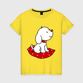 Женская футболка хлопок с принтом Собачка на подушке в Петрозаводске, 100% хлопок | прямой крой, круглый вырез горловины, длина до линии бедер, слегка спущенное плечо | милый | пес | подушка | собака | щенок