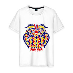 Мужская футболка хлопок с принтом Сова разноцветная мозаика в Петрозаводске, 100% хлопок | прямой крой, круглый вырез горловины, длина до линии бедер, слегка спущенное плечо. | сова