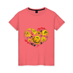 Женская футболка хлопок с принтом Сердце России в Петрозаводске, 100% хлопок | прямой крой, круглый вырез горловины, длина до линии бедер, слегка спущенное плечо | роспись | россия | русский | сердце | хохлома