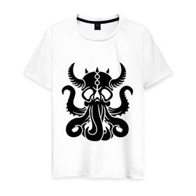 Мужская футболка хлопок с принтом Морской демон в Петрозаводске, 100% хлопок | прямой крой, круглый вырез горловины, длина до линии бедер, слегка спущенное плечо. | демон | ктулху | море | океан | рога | тентакль