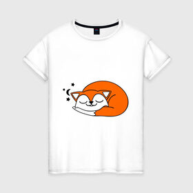 Женская футболка хлопок с принтом Спящий лисёнок в Петрозаводске, 100% хлопок | прямой крой, круглый вырез горловины, длина до линии бедер, слегка спущенное плечо | лиса