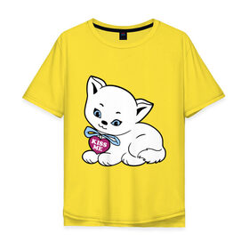 Мужская футболка хлопок Oversize с принтом Белая кошечка в Петрозаводске, 100% хлопок | свободный крой, круглый ворот, “спинка” длиннее передней части | kiss | kiss me | киса | киска | котейка | котенок | котя | кошечка | кошка | лапочка
