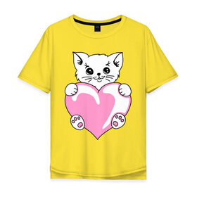 Мужская футболка хлопок Oversize с принтом Котеночек с сердечком в Петрозаводске, 100% хлопок | свободный крой, круглый ворот, “спинка” длиннее передней части | киса | киска | котейка | котенок | котя | кошечка | кошка | лапочка | сердечко | сердце