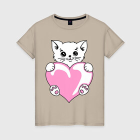 Женская футболка хлопок с принтом Котеночек с сердечком в Петрозаводске, 100% хлопок | прямой крой, круглый вырез горловины, длина до линии бедер, слегка спущенное плечо | киса | киска | котейка | котенок | котя | кошечка | кошка | лапочка | сердечко | сердце