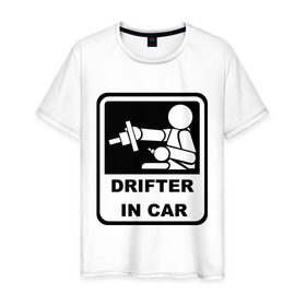 Мужская футболка хлопок с принтом Drifter in car в Петрозаводске, 100% хлопок | прямой крой, круглый вырез горловины, длина до линии бедер, слегка спущенное плечо. | Тематика изображения на принте: дрифт