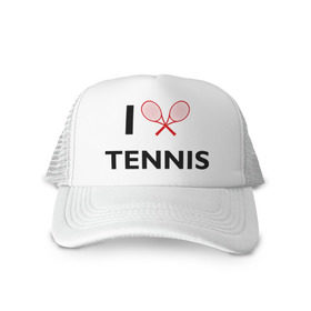 Кепка тракер с сеткой с принтом I Love Tennis в Петрозаводске, трикотажное полотно; задняя часть — сетка | длинный козырек, универсальный размер, пластиковая застежка | ракетка | тенис | теннис | теннисист