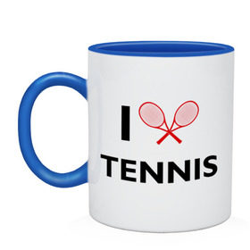 Кружка двухцветная с принтом I Love Tennis в Петрозаводске, керамика | объем — 330 мл, диаметр — 80 мм. Цветная ручка и кайма сверху, в некоторых цветах — вся внутренняя часть | ракетка | тенис | теннис | теннисист