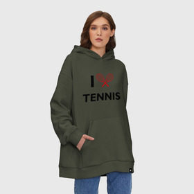 Худи SuperOversize хлопок с принтом I Love Tennis в Петрозаводске, 70% хлопок, 30% полиэстер, мягкий начес внутри | карман-кенгуру, эластичная резинка на манжетах и по нижней кромке, двухслойный капюшон
 | ракетка | тенис | теннис | теннисист