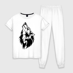 Женская пижама хлопок с принтом Воющий волк в Петрозаводске, 100% хлопок | брюки и футболка прямого кроя, без карманов, на брюках мягкая резинка на поясе и по низу штанин | воет | вой | волк | голова