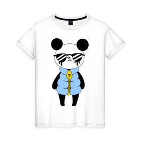 Женская футболка хлопок с принтом Крутой панда в Петрозаводске, 100% хлопок | прямой крой, круглый вырез горловины, длина до линии бедер, слегка спущенное плечо | панда