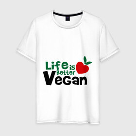 Мужская футболка хлопок с принтом Vegan life is better в Петрозаводске, 100% хлопок | прямой крой, круглый вырез горловины, длина до линии бедер, слегка спущенное плечо. | 