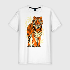Мужская футболка премиум с принтом Тигр в Петрозаводске, 92% хлопок, 8% лайкра | приталенный силуэт, круглый вырез ворота, длина до линии бедра, короткий рукав | tiger | бамбук | тигр | хищник