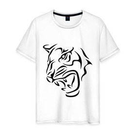 Мужская футболка хлопок с принтом Тату голова тигра в Петрозаводске, 100% хлопок | прямой крой, круглый вырез горловины, длина до линии бедер, слегка спущенное плечо. | голова | тату | тигр