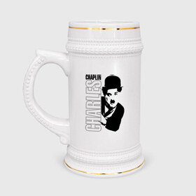 Кружка пивная с принтом Чарльз Чаплин в Петрозаводске,  керамика (Материал выдерживает высокую температуру, стоит избегать резкого перепада температур) |  объем 630 мл | Тематика изображения на принте: кино | котелок | чаплин | чарли