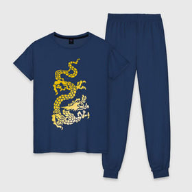 Женская пижама хлопок с принтом Золотой дракон в Петрозаводске, 100% хлопок | брюки и футболка прямого кроя, без карманов, на брюках мягкая резинка на поясе и по низу штанин | Тематика изображения на принте: дракон | золотой | китайский | тату