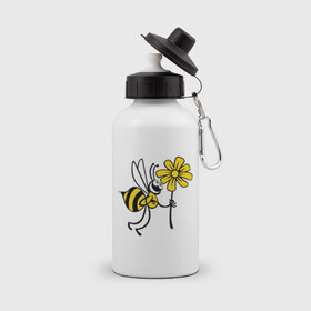 Бутылка спортивная с принтом Пчела с цветочком в Петрозаводске, металл | емкость — 500 мл, в комплекте две пластиковые крышки и карабин для крепления | Тематика изображения на принте: оса | пчела | цветок | шмель
