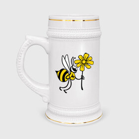 Кружка пивная с принтом Пчела с цветочком в Петрозаводске,  керамика (Материал выдерживает высокую температуру, стоит избегать резкого перепада температур) |  объем 630 мл | оса | пчела | цветок | шмель