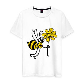 Мужская футболка хлопок с принтом Пчела с цветочком в Петрозаводске, 100% хлопок | прямой крой, круглый вырез горловины, длина до линии бедер, слегка спущенное плечо. | оса | пчела | цветок | шмель