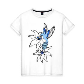 Женская футболка хлопок с принтом Колибри в Петрозаводске, 100% хлопок | прямой крой, круглый вырез горловины, длина до линии бедер, слегка спущенное плечо | колибри | лилия | прица | цветы